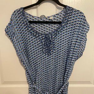 Blue and White Tie Waist Blouse